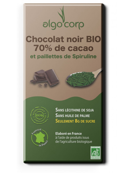 Chocolat noir BIO 70% de cacao aux paillettes de spiruline